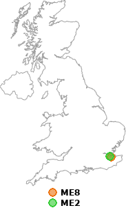 map showing distance between ME8 and ME2