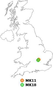 map showing distance between MK11 and MK18