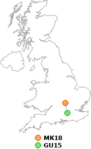 map showing distance between MK18 and GU15