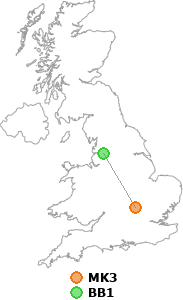 map showing distance between MK3 and BB1