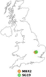 map showing distance between MK42 and SG19