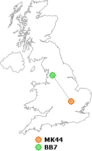 map showing distance between MK44 and BB7