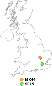 map showing distance between MK44 and SE15