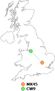 map showing distance between MK45 and CW9