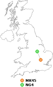 map showing distance between MK45 and NG4