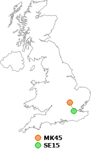 map showing distance between MK45 and SE15