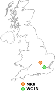map showing distance between MK8 and WC1N