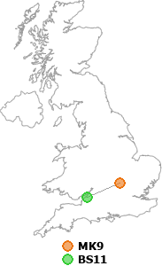 map showing distance between MK9 and BS11