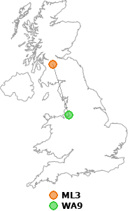 map showing distance between ML3 and WA9