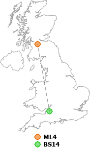 map showing distance between ML4 and BS14