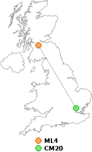 map showing distance between ML4 and CM20
