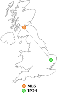map showing distance between ML6 and IP24