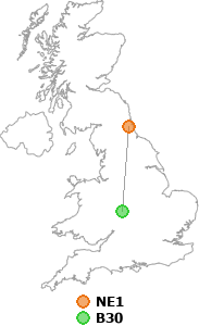map showing distance between NE1 and B30