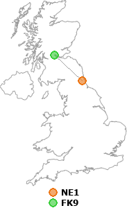 map showing distance between NE1 and FK9