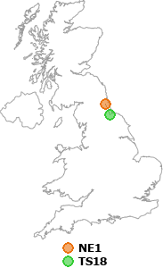 map showing distance between NE1 and TS18