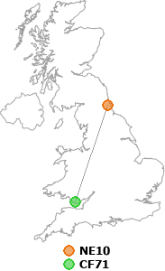 map showing distance between NE10 and CF71
