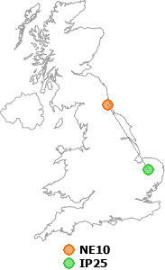 map showing distance between NE10 and IP25