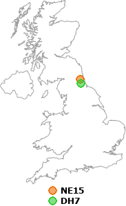 map showing distance between NE15 and DH7