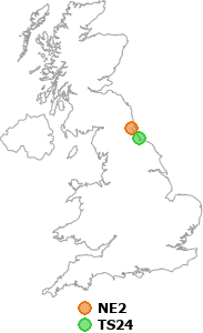 map showing distance between NE2 and TS24