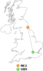 map showing distance between NE2 and UB9