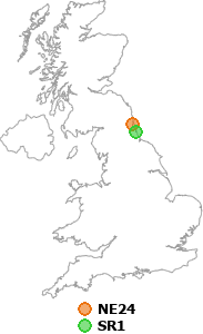 map showing distance between NE24 and SR1