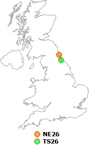 map showing distance between NE26 and TS26