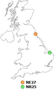 map showing distance between NE27 and NR25
