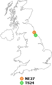 map showing distance between NE27 and TS24