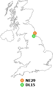 map showing distance between NE29 and DL15