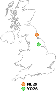 map showing distance between NE29 and YO26