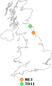 map showing distance between NE3 and TD11