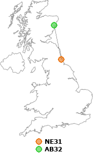 map showing distance between NE31 and AB32