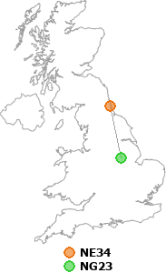 map showing distance between NE34 and NG23