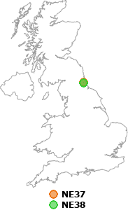 map showing distance between NE37 and NE38