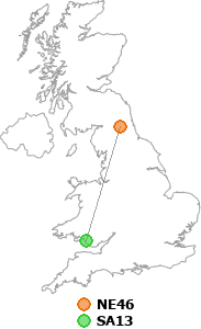 map showing distance between NE46 and SA13