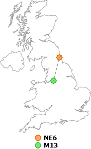 map showing distance between NE6 and M13