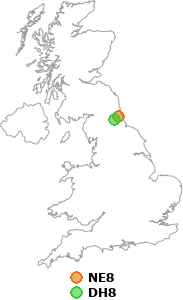 map showing distance between NE8 and DH8