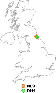 map showing distance between NE9 and DH4