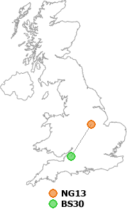 map showing distance between NG13 and BS30