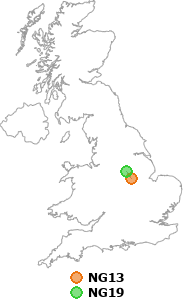 map showing distance between NG13 and NG19