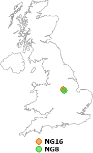 map showing distance between NG16 and NG8