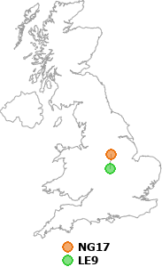 map showing distance between NG17 and LE9