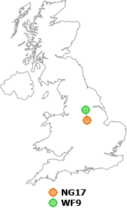 map showing distance between NG17 and WF9