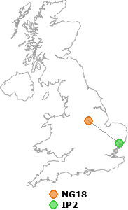 map showing distance between NG18 and IP2