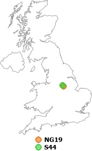 map showing distance between NG19 and S44