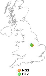 map showing distance between NG2 and DE7