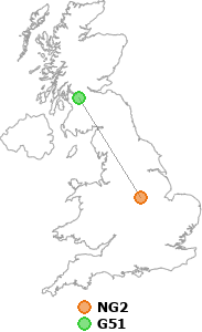 map showing distance between NG2 and G51