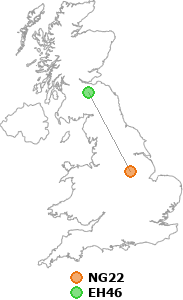map showing distance between NG22 and EH46
