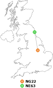 map showing distance between NG22 and NE63