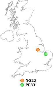 map showing distance between NG22 and PE33